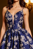 Navy Satin A Line Floral Backless Short Prom Dress