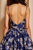 Navy Satin A Line Floral Backless Short Prom Dress