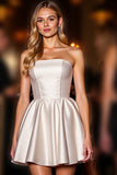 Satin Ivory Corset Strapless A Line Short Prom Dress