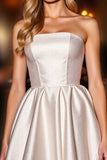 Satin Ivory Corset Strapless A Line Short Prom Dress