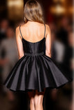 A Line Black Corset Spaghetti Straps Short Satin Prom Dress