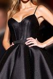 A Line Black Corset Spaghetti Straps Short Satin Prom Dress
