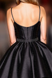A Line Black Corset Spaghetti Straps Short Satin Prom Dress