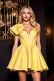 A Line Yellow Satin Short Prom Dress with Ruffles