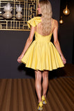 A Line Yellow Satin Short Prom Dress with Ruffles