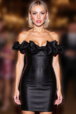 Black Ruffled Tight Satin Mini Prom Dress