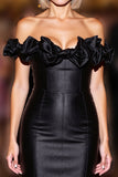Black Ruffled Tight Satin Mini Prom Dress