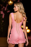 Tight Pink Ruched Short Prom Dress with 3D Flowers