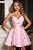 Pink A Line Cut Out Spaghetti Straps Short Satin Prom Dress