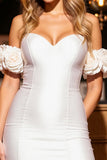 White Satin Sweetheart Short Bodycon Prom Dress with 3D Flowers