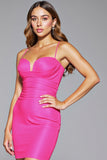 Sexy Fuchsia Tight Spaghetti Straps Satin Short Prom Dress