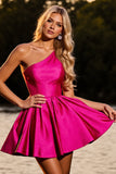 A Line One Shoulder Fuchsia Satin Short Prom Dress