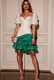 White and Green Sweetheart Satin Short Prom Dress with Ruffles