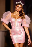 Sparkly Pink Corset Puff Sleeves Tight Short Prom Dress