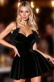 Black A Line Velvet Short Prom Dress with Feather
