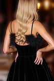 Black A Line Velvet Short Prom Dress with Feather