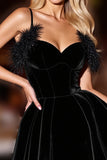 Black A Line Velvet Short Prom Dress with Feather