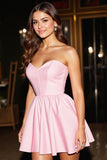 Satin A Line Corset Pink Strapless Short Prom Dress