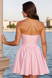Satin A Line Corset Pink Strapless Short Prom Dress