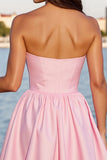Satin A Line Corset Pink Strapless Short Prom Dress