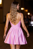Pink Short Corset Satin Spaghetti Straps A Line Prom Dress