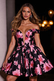 Black and Pink Floral Corset A Line Short Satin Prom Dress