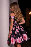 Black and Pink Floral Corset A Line Short Satin Prom Dress