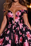 Black and Pink Floral Corset A Line Short Satin Prom Dress