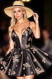 Black Floral Satin A Line Short Corset Prom Dress