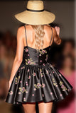 Black Floral Satin A Line Short Corset Prom Dress