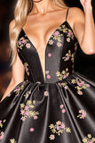 Black Floral Satin A Line Short Corset Prom Dress