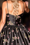 Black Floral Satin A Line Short Corset Prom Dress