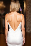 White Bodycon Spaghetti Straps Backless Satin Short Prom Dress