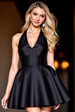 Black Satin A Line Halter Backless Short Prom Dress