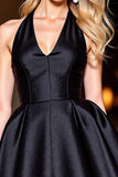 Black Satin A Line Halter Backless Short Prom Dress