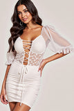 White Bodycon Ruffled Lace up Short Prom Dress with Lace