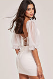 White Bodycon Ruffled Lace up Short Prom Dress with Lace
