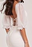 White Bodycon Ruffled Lace up Short Prom Dress with Lace