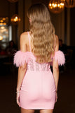 Pink Corset Bodycon Mini Prom Dress with Feathers