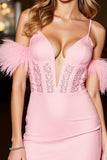 Pink Corset Bodycon Mini Prom Dress with Feathers