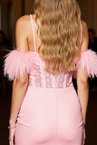 Pink Corset Bodycon Mini Prom Dress with Feathers