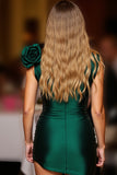 Dark Green Bodycon Flower Short Satin Prom Dress