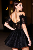 A Line Corset Black Short Prom Dress with Appliques