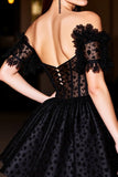 A Line Corset Black Short Prom Dress with Appliques