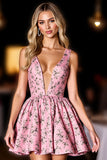 V-Neck A Line Pink Printed Short Prom Dress with Bow