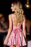 V-Neck A Line Pink Printed Short Prom Dress with Bow