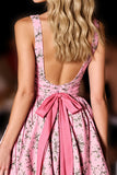V-Neck A Line Pink Printed Short Prom Dress with Bow