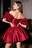 Off the Shoulder Burgundy A Line Short Satin Prom Dress with Ruffles