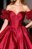 Off the Shoulder Burgundy A Line Short Satin Prom Dress with Ruffles
