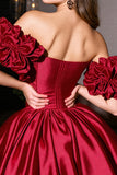 Off the Shoulder Burgundy A Line Short Satin Prom Dress with Ruffles